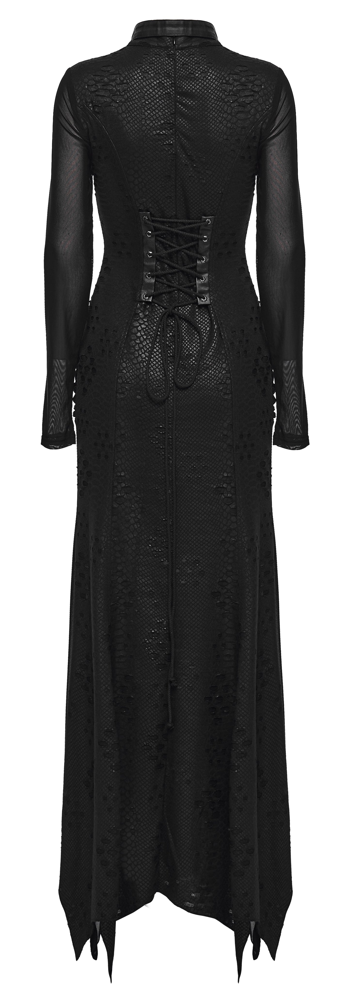 Full-length view of the Punk Rave Seraphine Black Maxi Dress, demonstrating its dramatic silhouette and tattered-effect composite mesh.