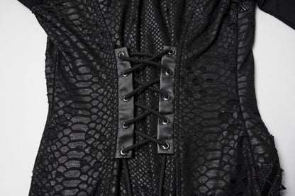 An elegant black maxi dress from Punk Rave, showcasing a unique spinal lace panel design and luxurious pleated texture, ideal for gothic fashion enthusiasts.