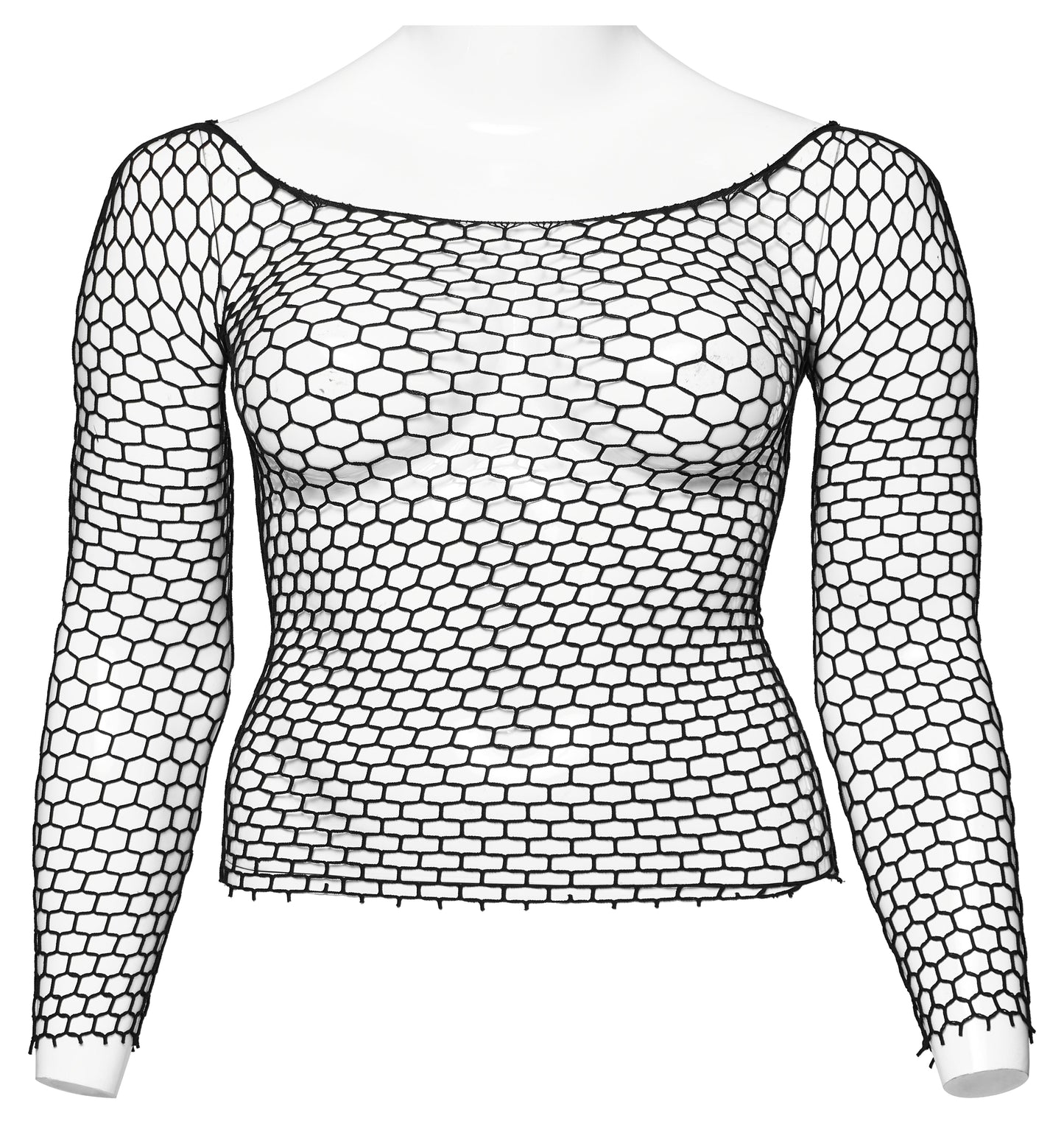 Punk Rave Constance Gothic Long Sleeve Top in plus size 16-24, featuring a sophisticated hex net design and elegant boat neck.