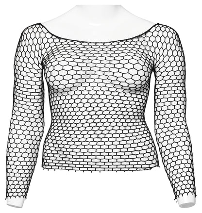 Punk Rave Constance Gothic Long Sleeve Top in plus size 16-24, featuring a sophisticated hex net design and elegant boat neck.