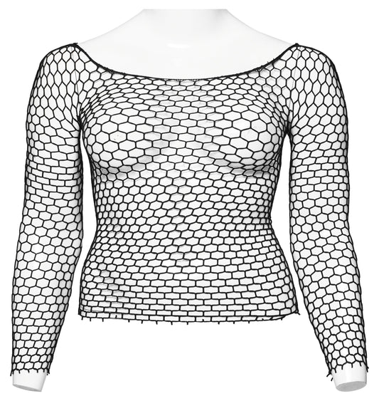 Punk Rave Constance Gothic Long Sleeve Top in plus size 16-24, featuring a sophisticated hex net design and elegant boat neck.