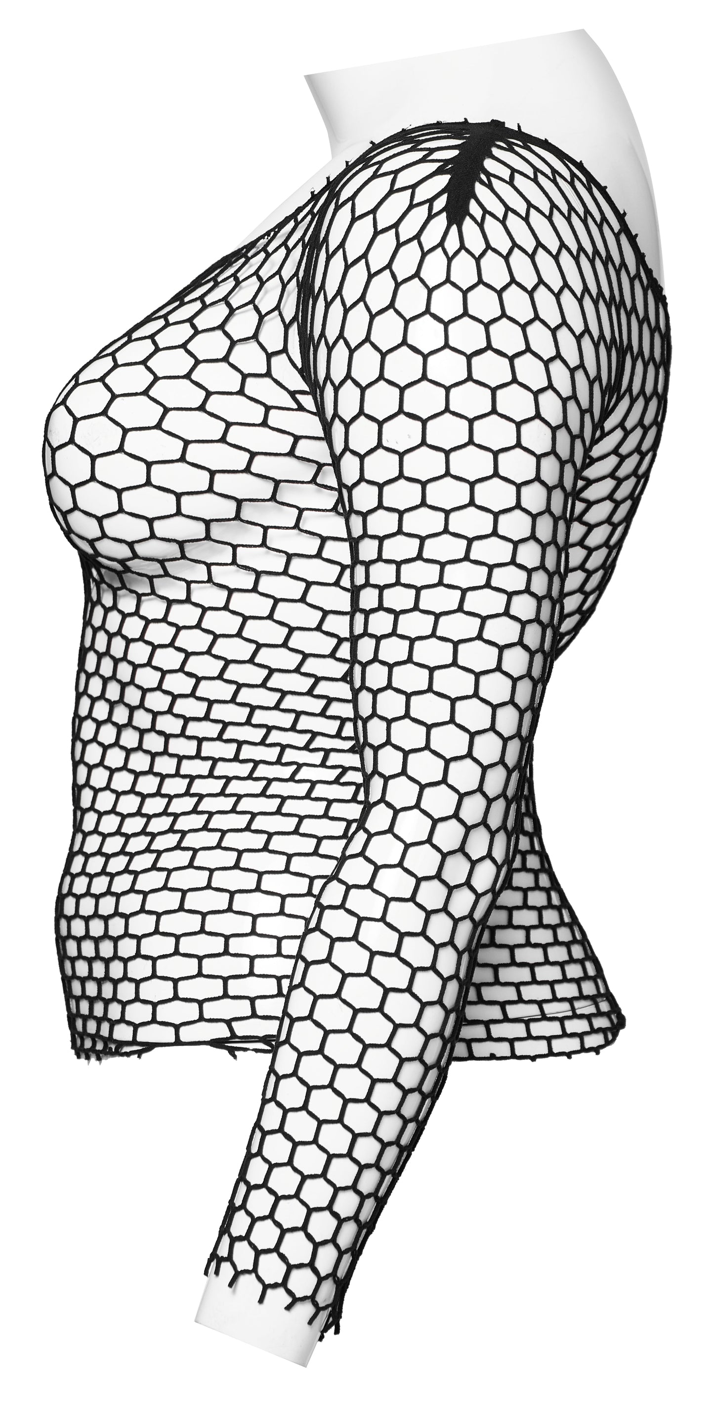 Close-up of the intricate hex net design on the Punk Rave Constance Gothic Long Sleeve Top, showcasing its luxurious texture and style.