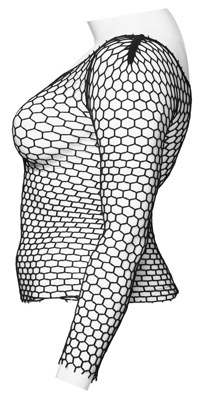 Close-up of the intricate hex net design on the Punk Rave Constance Gothic Long Sleeve Top, showcasing its luxurious texture and style.