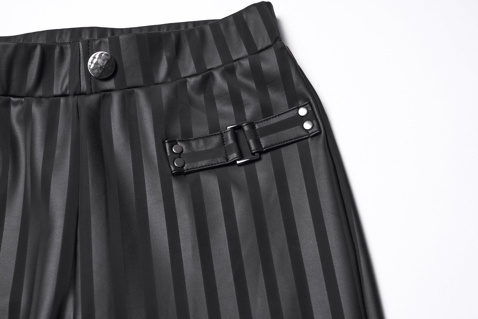 High-waisted Punk Rave Althea leggings featuring decorative buckle straps, showcasing a sleek silhouette crafted from stretch rubberized fabric, ideal for adding an edgy flair to any outfit.