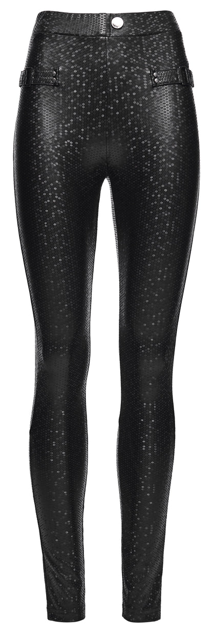 Elegant Punk Rave Ravenna Leggings featuring a luxurious high-rise black prism finish, intricate buckle detailing, and functional back pockets, perfect for a chic, dark goddess style.