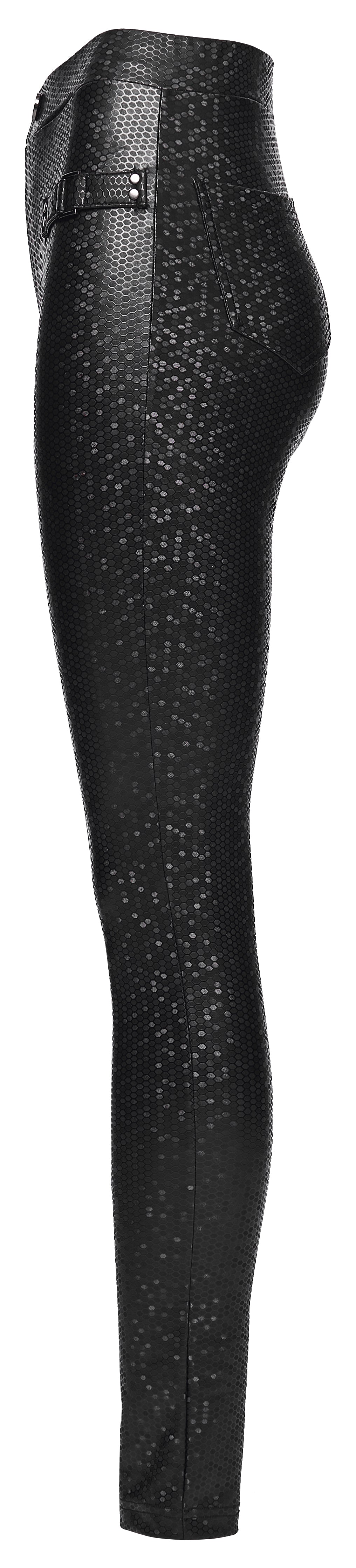 Punk Rave Ravenna Leggings showcasing luxurious high-rise silhouette with prism finish and decorative buckle straps, designed for a sleek and elegant look.