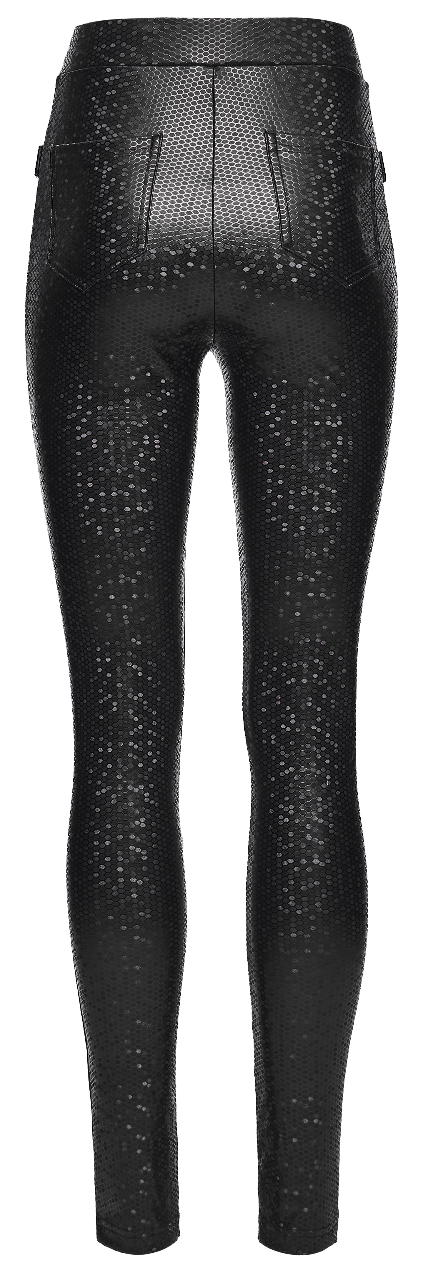 Close-up view of the high-waisted Punk Rave Ravenna Leggings featuring a glossy prism-effect finish, ideal for fashion-forward individuals seeking style and comfort.