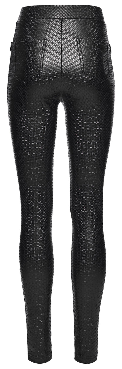 Close-up view of the high-waisted Punk Rave Ravenna Leggings featuring a glossy prism-effect finish, ideal for fashion-forward individuals seeking style and comfort.