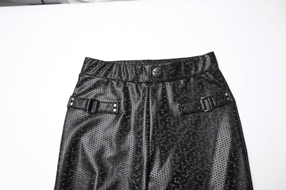 Side profile of the Punk Rave Ravenna Leggings displaying the fitted silhouette and buckle strap detailing, designed for a chic and modern aesthetic.