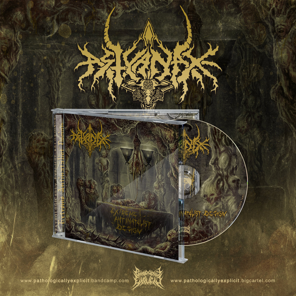 Astyanax Extreme Antinatalist Design CD by Rancid Offal Records featuring a striking album cover art representing the genre of death metal, released in 2021 from Spain.