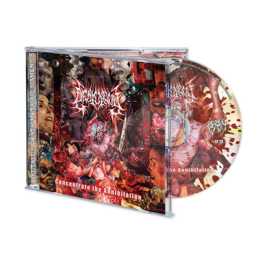 Officially licensed album cover of 'Concentrate the Annihilation' by Deathguy, released by Rancid Offal Records, showcasing the intricate death metal artwork, perfect for collectors and metal enthusiasts.