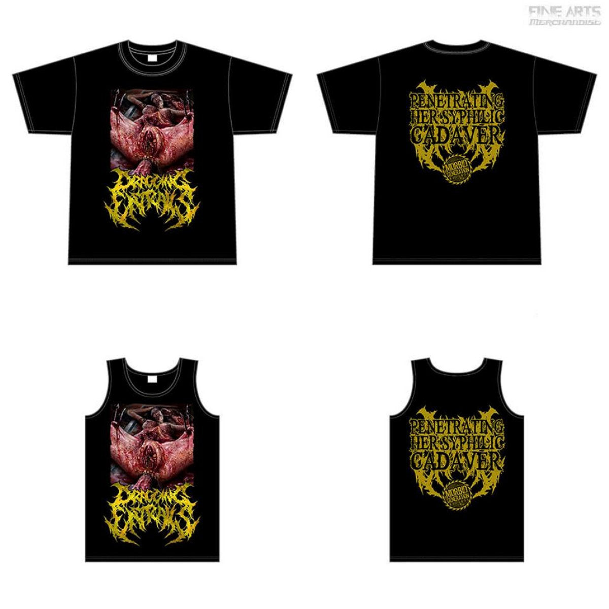 Luxurious Dragging Entrails Penetrating Her Syphilic Cadaver T-Shirt featuring bold graphic design by Rancid Offal Records, perfect for fans of alternative fashion.