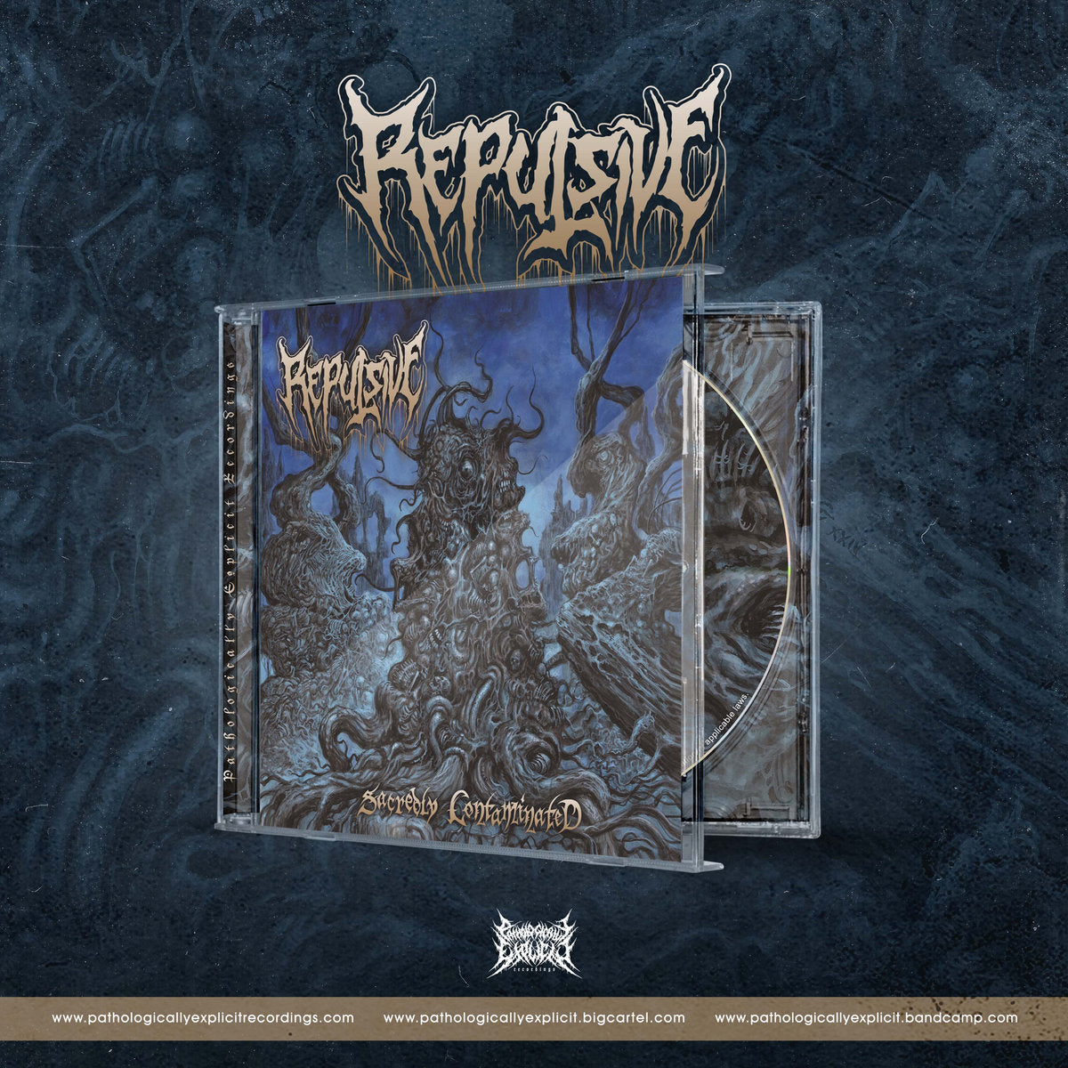 Repulsive - Sacredly Contaminated CD by Rancid Offal Records, featuring dark and intricate artwork reflecting the essence of death metal, capturing the essence of Spain's metal scene.