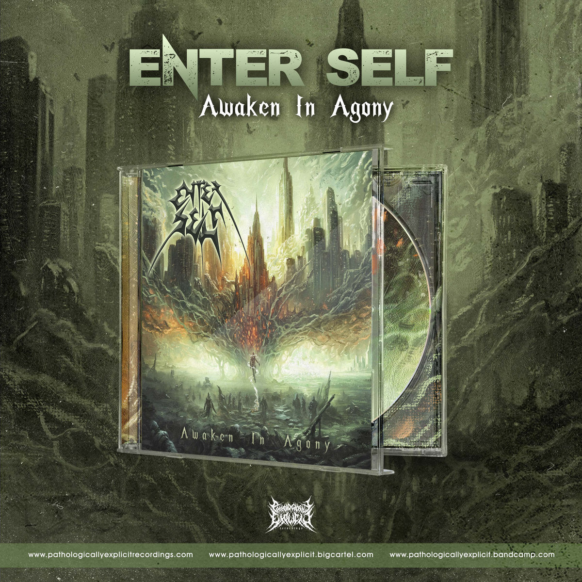 Enter Self - Awaken In Agony CD by Rancid Offal Records, showcasing a premier death metal album with an artistic design, released in 2024, featuring a haunting tracklist.