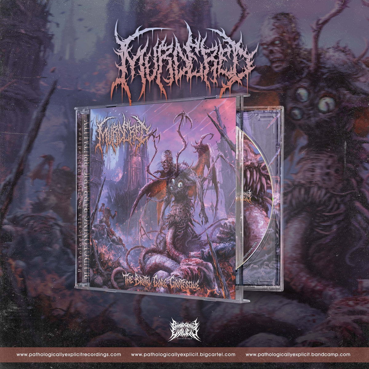 Murdered - The Brutal Gore Grotesque CD cover art by Rancid Offal Records, showcasing an evocative and artistic representation fitting the brutal death metal genre, beautifully designed for collectors.