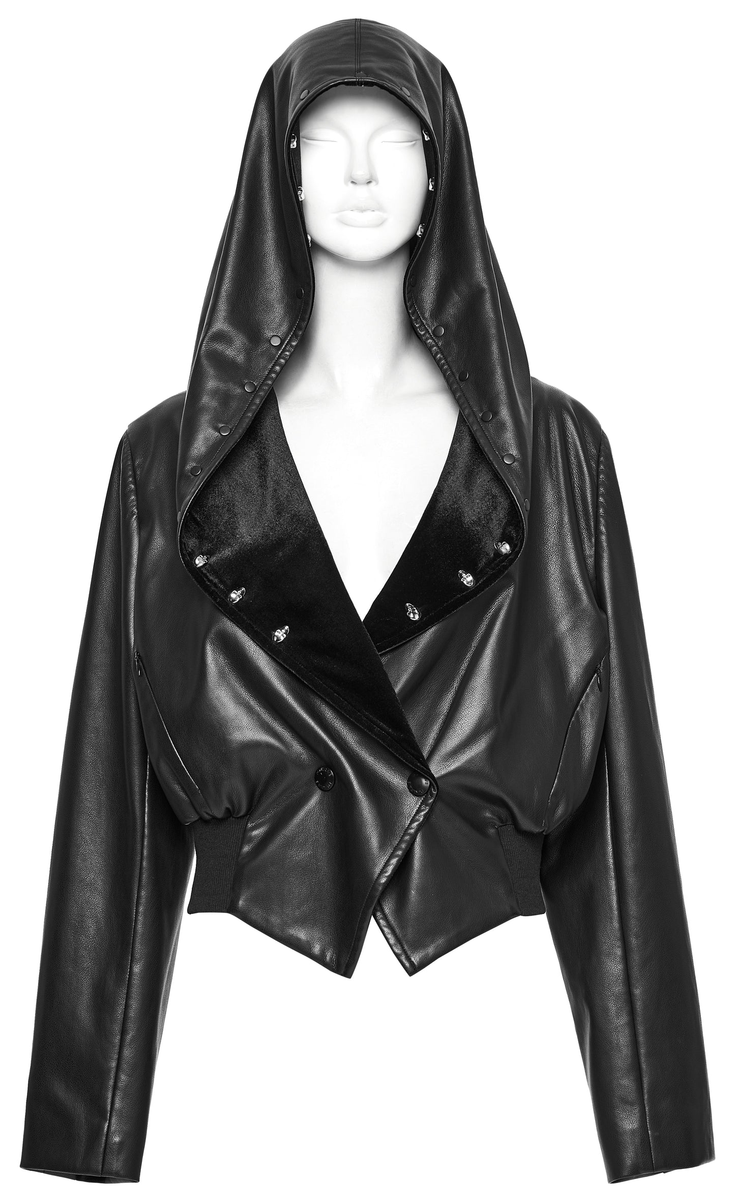 Close-up view of the Punk Rave Nyx Faux Leather Jacket showcasing premium-quality faux leather material and luxe velvet accents, perfect for a stylish edgy look.