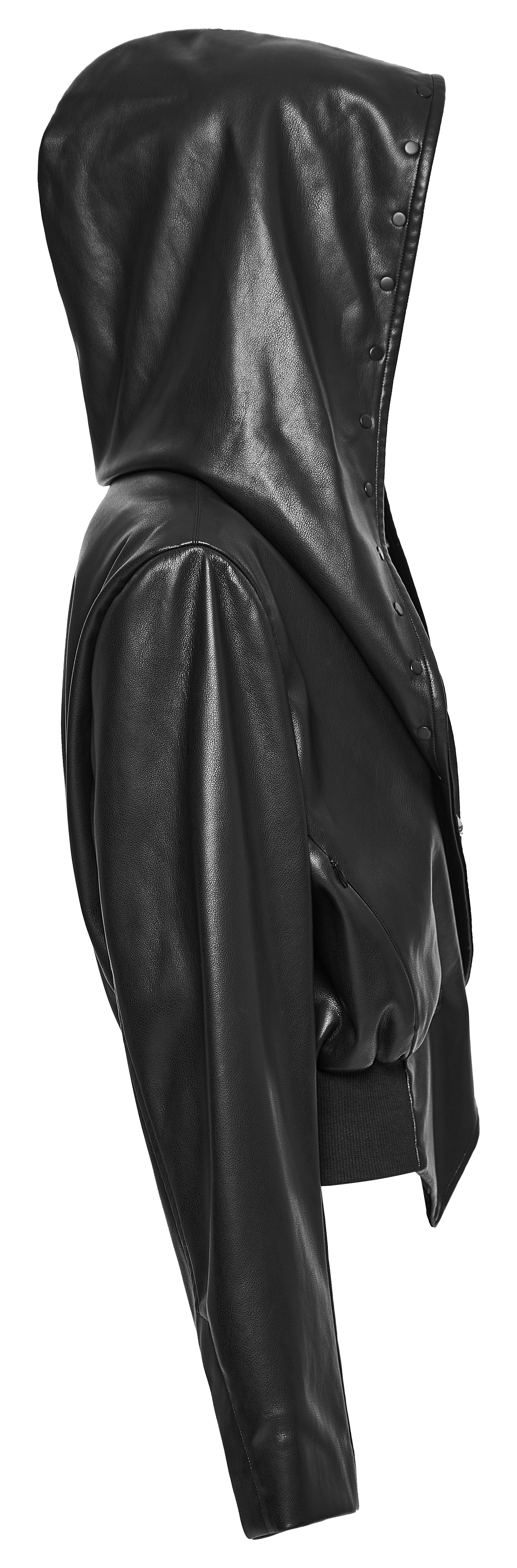 Model wearing the Punk Rave Nyx Hooded Jacket styled with a chic ensemble, demonstrating versatility for layering in goth and punk fashion.