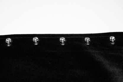 Dramatic front view of the Punk Rave Nyx Hooded Faux Leather Jacket, featuring large lapels and unique skull stud detailing, epitomising modern gothic elegance.