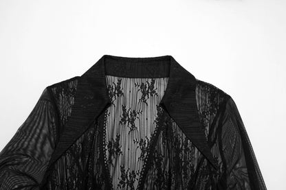 Close-up view of the Punk Rave Tau Lace Cardigan's unique pointed collar and delicate drawstring front, highlighting its lavish texture and stylish details.