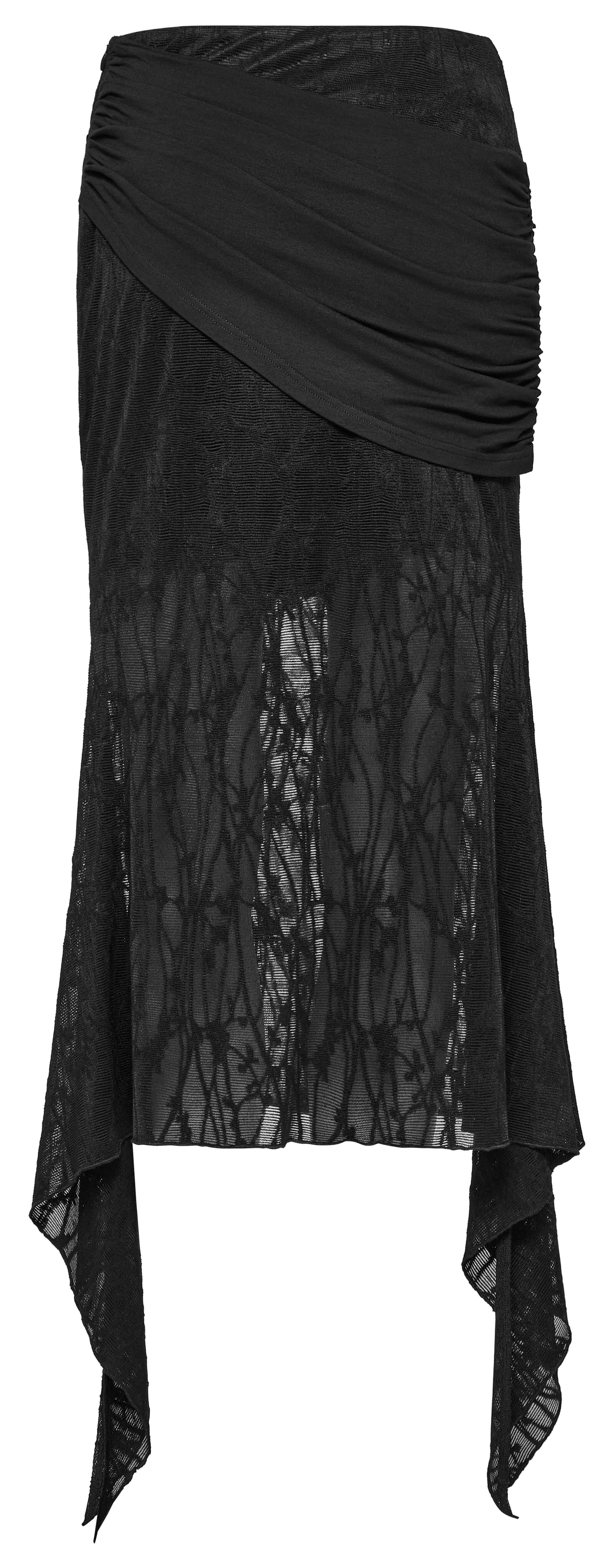 Full view of the Punk Rave Arti Fishtail Skirt styled in a chic setting, embodying a striking punk-inspired fashion piece with an elegant twist.