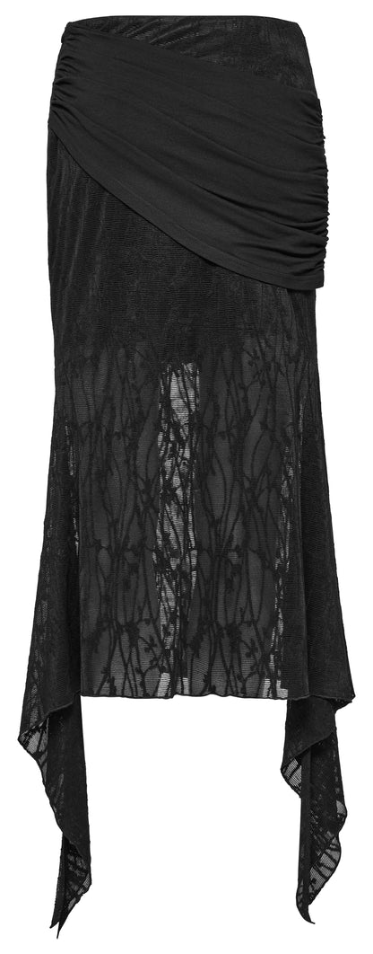 Full view of the Punk Rave Arti Fishtail Skirt styled in a chic setting, embodying a striking punk-inspired fashion piece with an elegant twist.