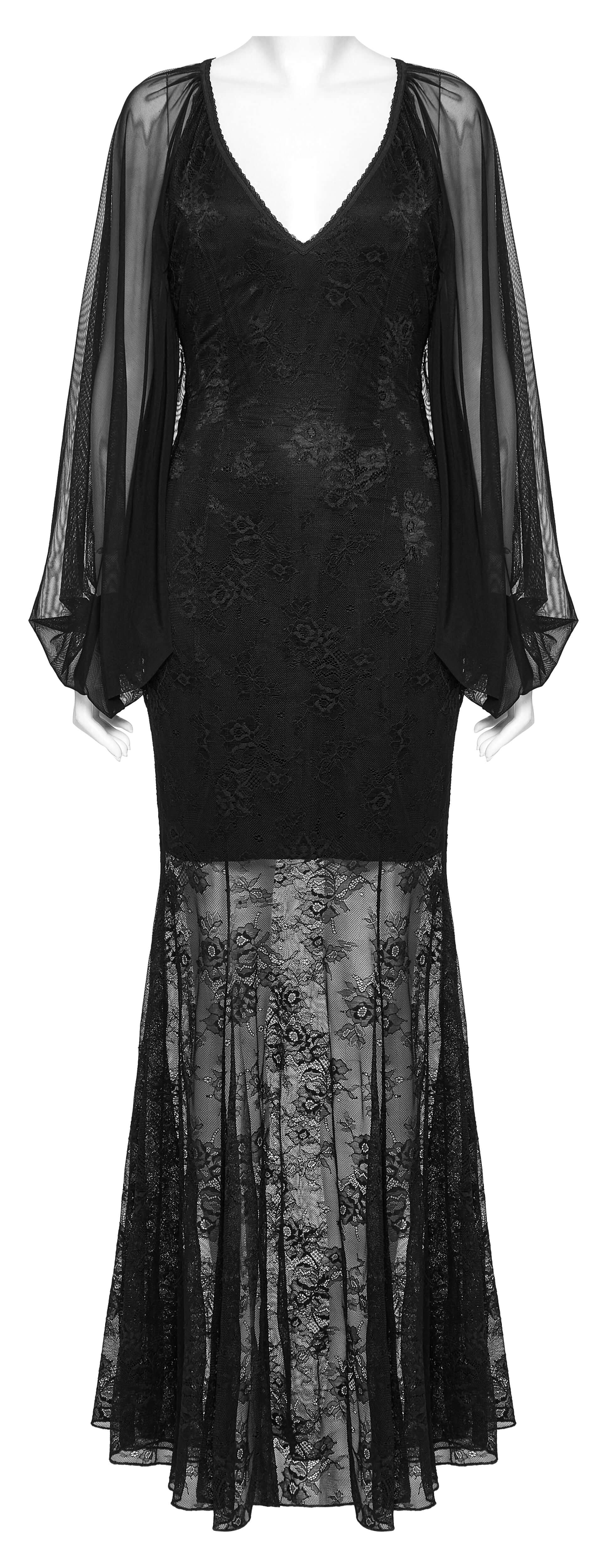 Back view of the Punk Rave Calliope Goth Night Bat Dress featuring adjustable drawstring waist for a tailored fit and draping fish tail hem.