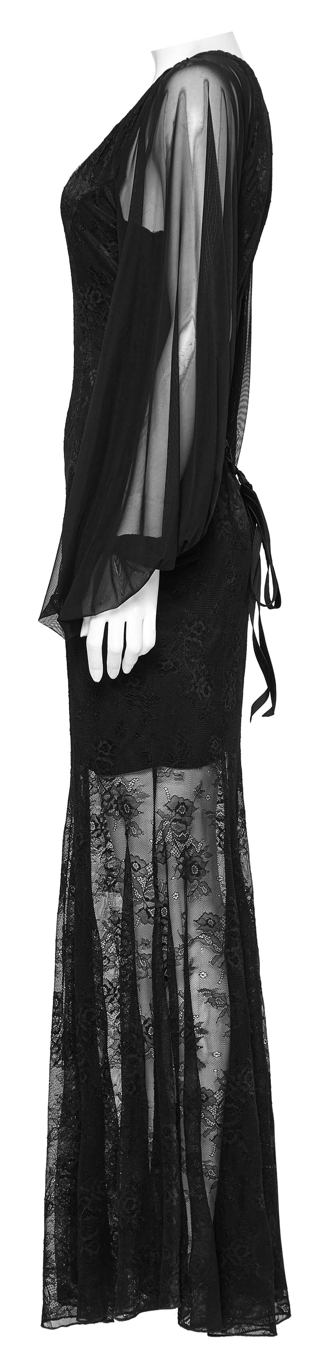 Model wearing the Calliope Goth Night Bat Dress, exuding gothic elegance with deep V-neckline and stylish bat wings.