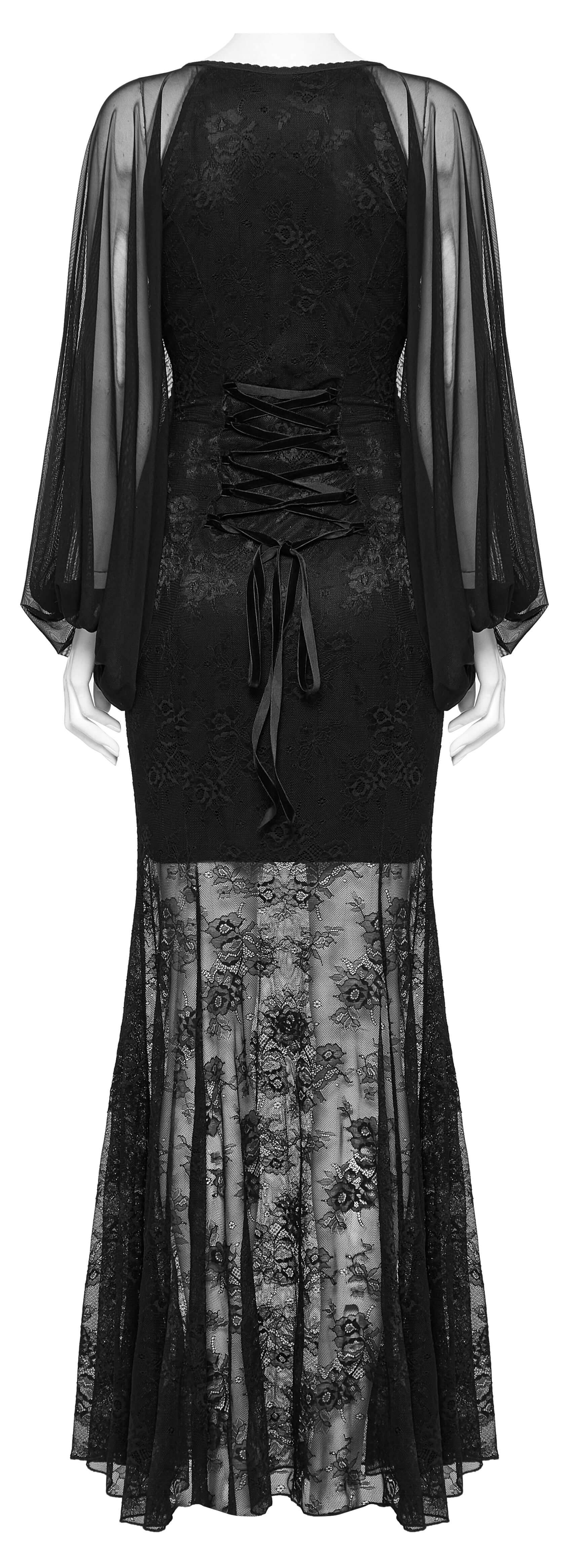 Fashion details of the Punk Rave Calliope Goth Night Bat Dress, showcasing the intricate design and luxurious fabric in a striking gothic aesthetic.