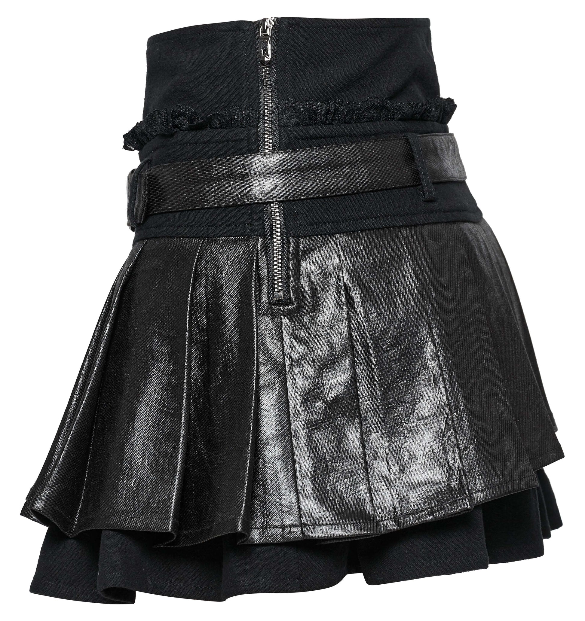 Side view of the Punk Rave Jianna Pleated Skirt highlighting the invisible side zipper and adjustable loop decoration for a chic fit.