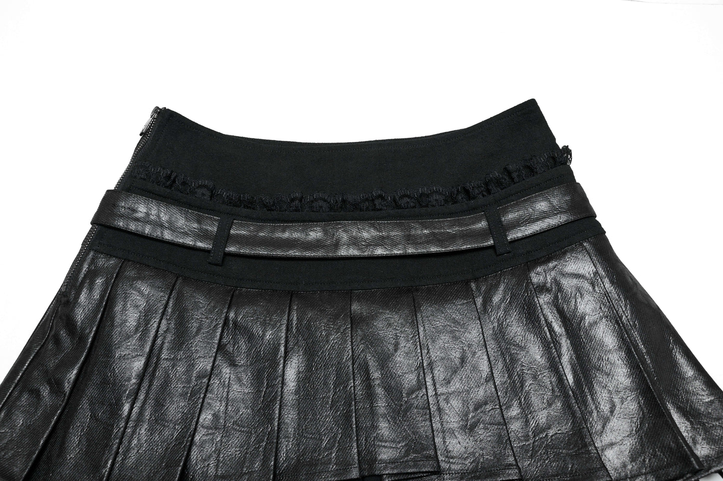 Close-up view of the intricate ruffled lace detailing and faux leather texture on the Punk Rave Jianna Pleated Skirt.