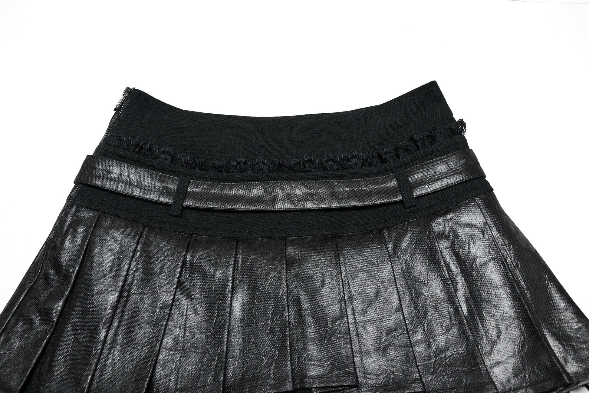 Close-up view of the intricate ruffled lace detailing and faux leather texture on the Punk Rave Jianna Pleated Skirt.