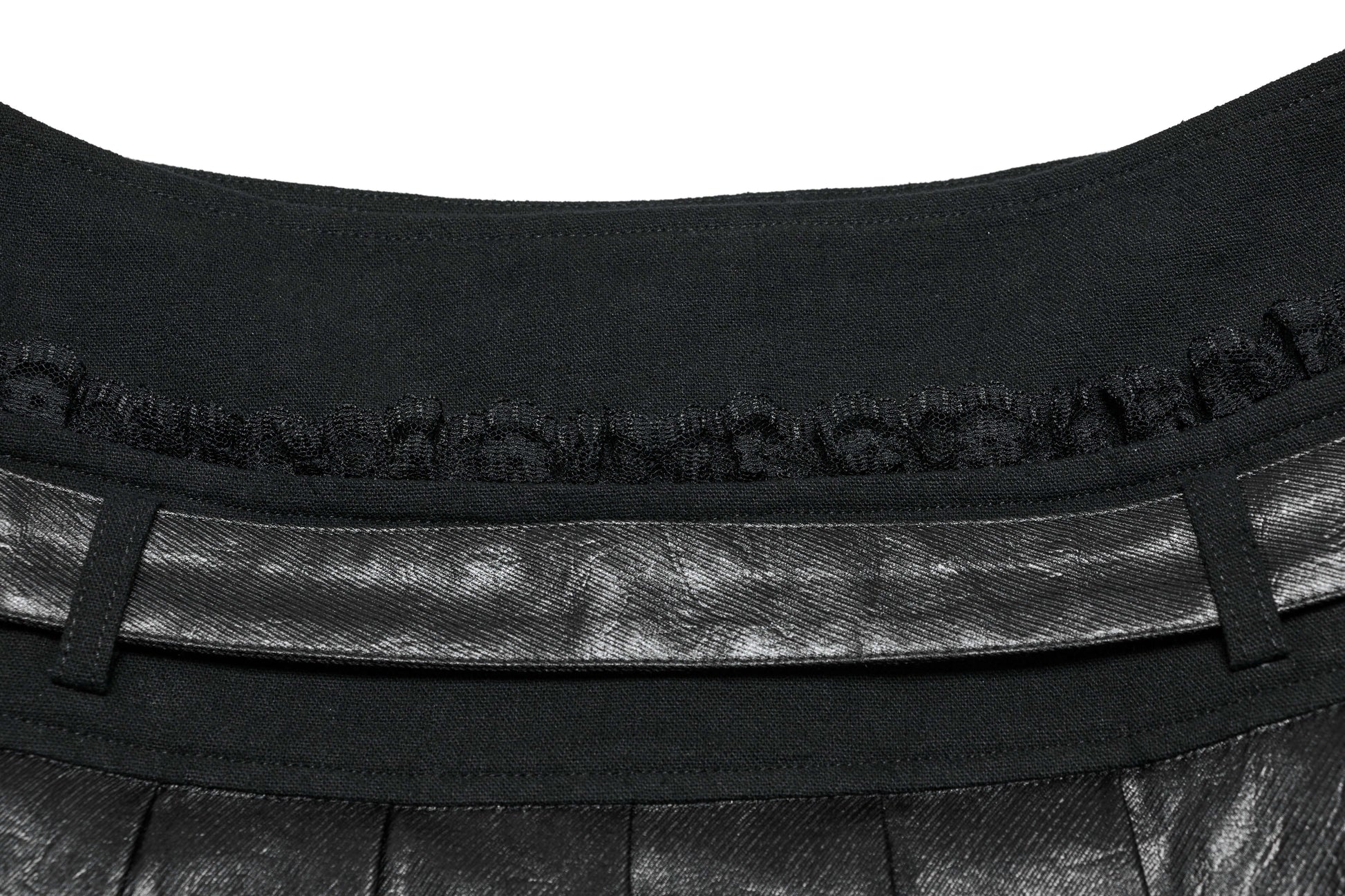 Elegant Punk Rave Jianna Pleated Skirt featuring ruffled lace and faux leather for a distinctive edgy fashion statement.