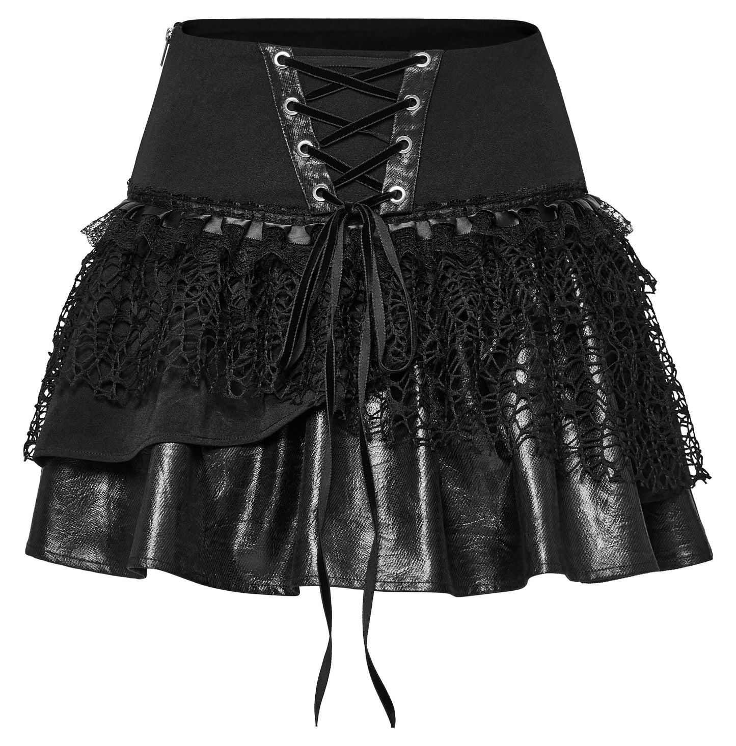 Punk Rave Salome Decadent Layered Cake Skirt showcasing an edgy faux leather and mesh design, perfect for alternative fashion enthusiasts.