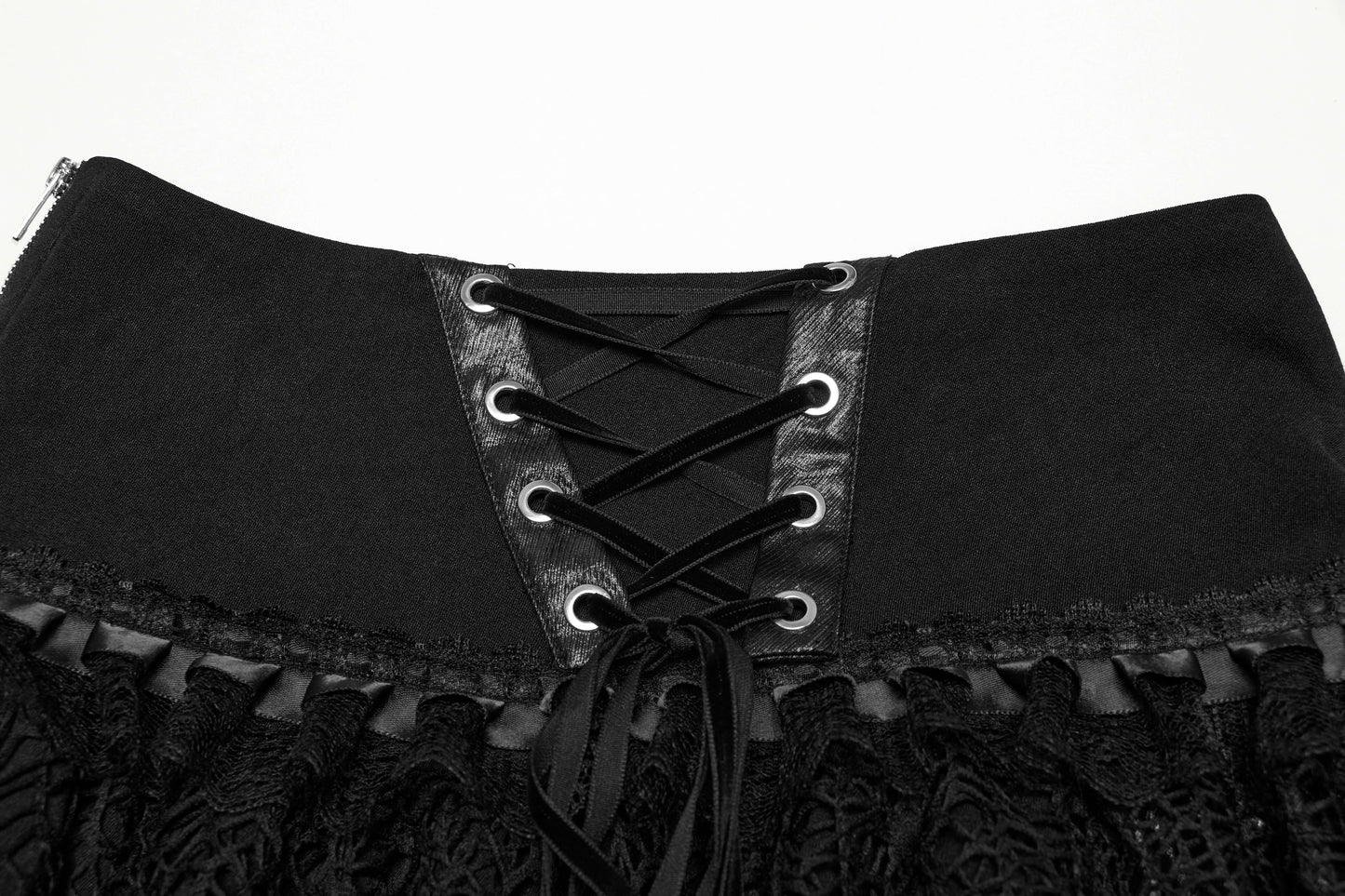 Punk Rave Salome Skirt displayed flat, illustrating the luxurious fabric combination of faux leather and mesh texture.