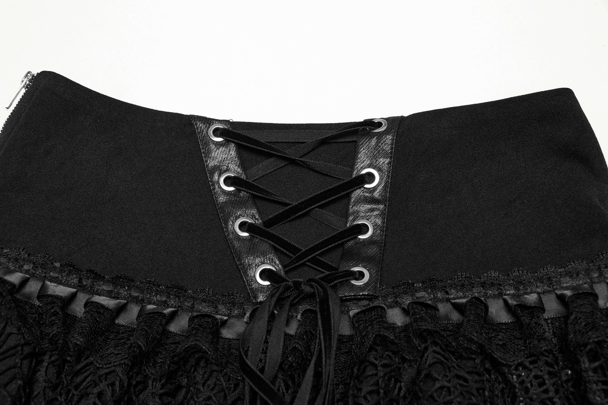 Punk Rave Salome Skirt displayed flat, illustrating the luxurious fabric combination of faux leather and mesh texture.