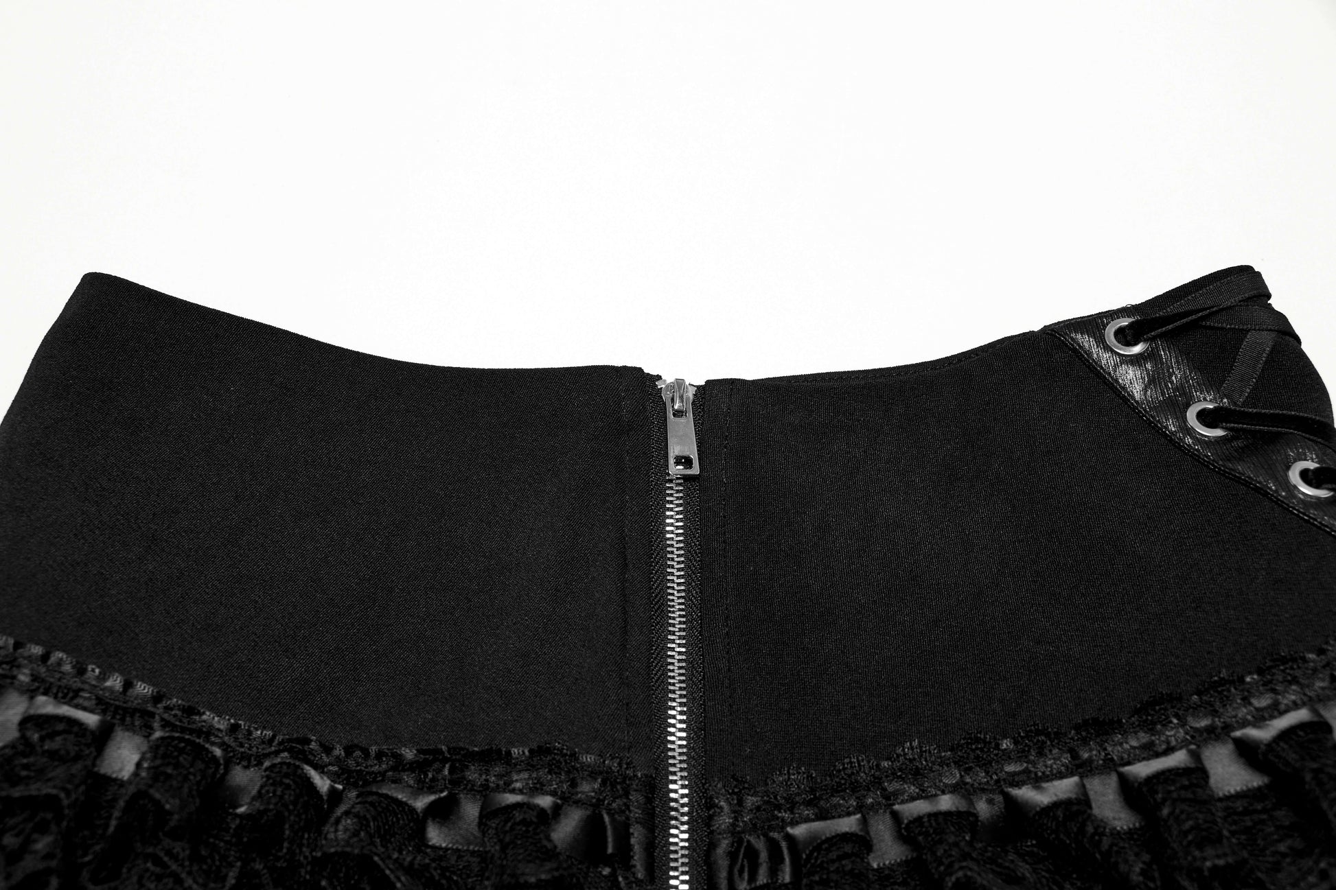 Close-up of the Punk Rave Salome Decadent Layered Cake Skirt's exquisite details, highlighting the stylish side zipper and elegant front draw strap for a sophisticated and edgy look.