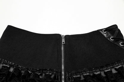 Close-up of the Punk Rave Salome Decadent Layered Cake Skirt's exquisite details, highlighting the stylish side zipper and elegant front draw strap for a sophisticated and edgy look.