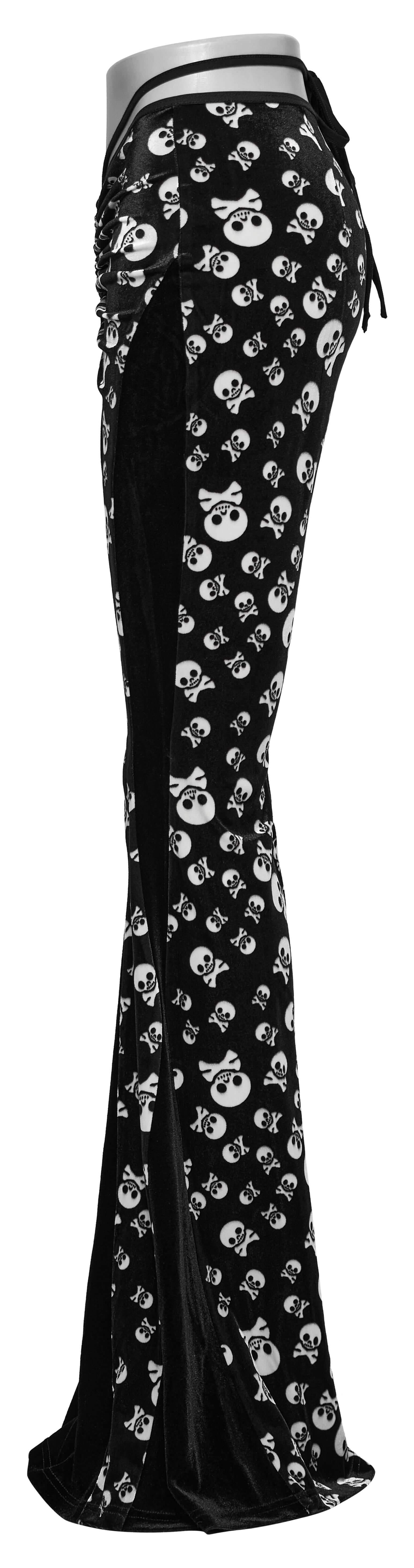 Back view of Punk Rave flared trousers in luxurious velvet, featuring a fashionable waist tie and skull print, designed for a standout gothic look.