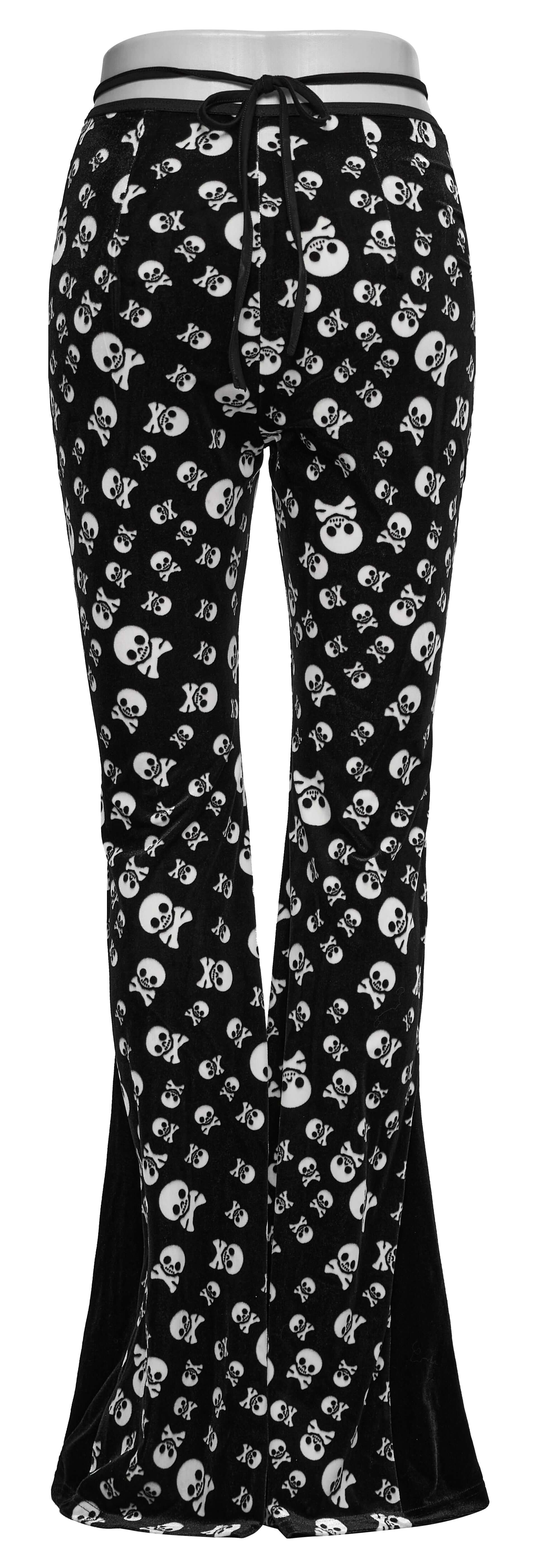 Dramatic shot of flared trousers from Punk Rave, highlighting the chic silhouette and bold skull print, ideal for a gothic wardrobe.