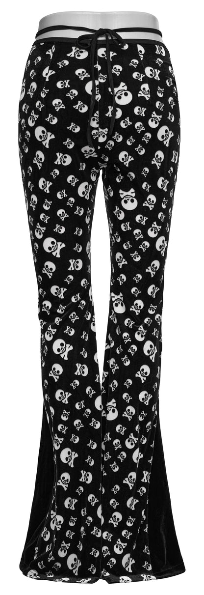 Dramatic shot of flared trousers from Punk Rave, highlighting the chic silhouette and bold skull print, ideal for a gothic wardrobe.