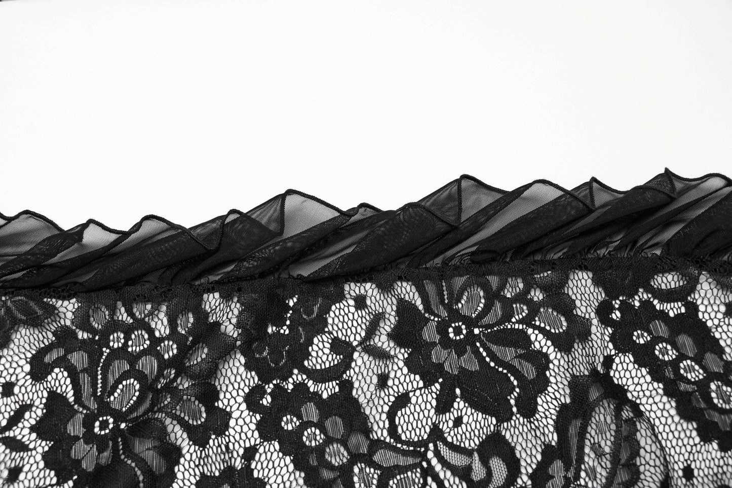 Elegant Punk Rave Aviva Black Lace Dress featuring intricate lace detailing, a flattering deep V-neck, and a stylish ruffled high slit, designed for a luxurious look.