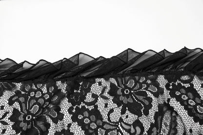 Elegant Punk Rave Aviva Black Lace Dress featuring intricate lace detailing, a flattering deep V-neck, and a stylish ruffled high slit, designed for a luxurious look.