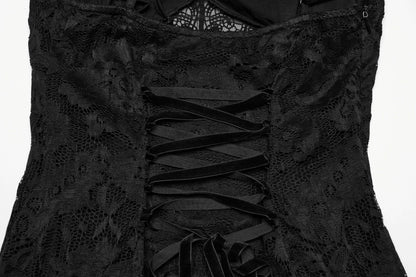 Close-up of the adjustable drawstring back of the Punk Rave Aviva Black Lace Dress, showcasing its customisable fit and exquisite lace craftsmanship.