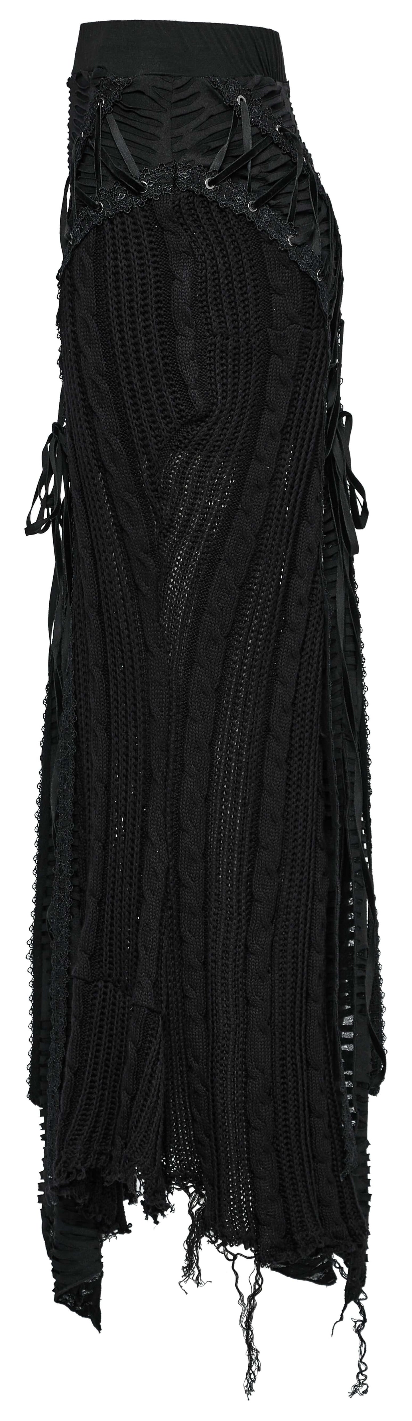 Full view of the Punk Rave Anastasia Gothic Fishtail Skirt, featuring intricate trims and a unique fishtail silhouette, ideal for gothic and alternative fashion.