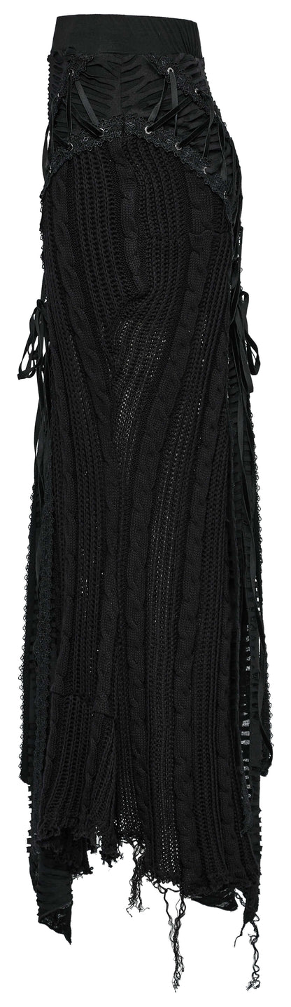 Full view of the Punk Rave Anastasia Gothic Fishtail Skirt, featuring intricate trims and a unique fishtail silhouette, ideal for gothic and alternative fashion.