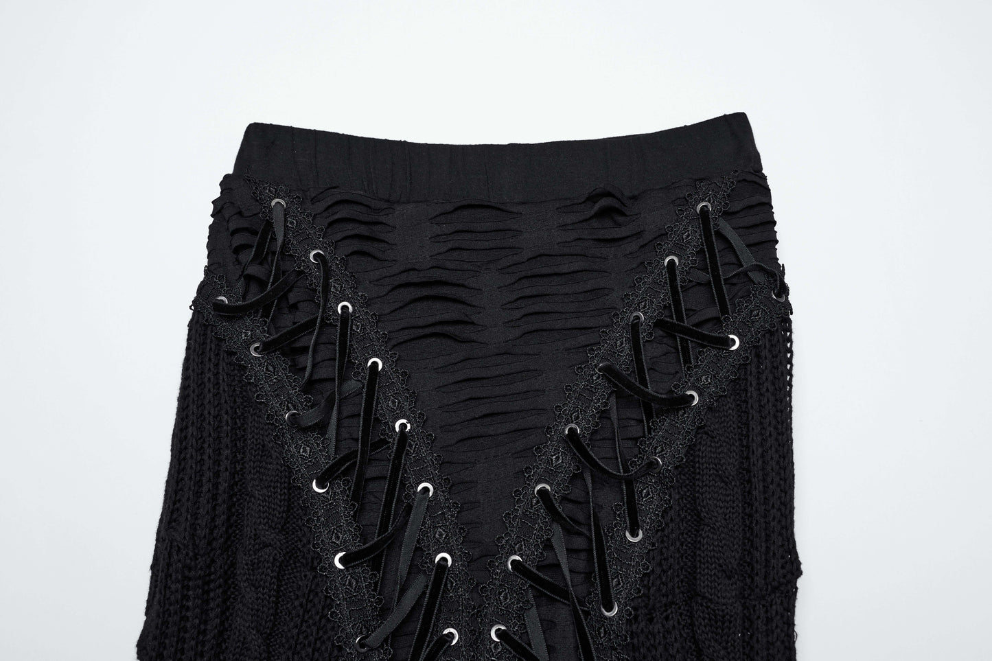 Punk Rave Anastasia Gothic Fishtail Skirt showcasing exquisite lace-up details and raw finish in a post-apocalyptic aesthetic, designed for gothic fashion enthusiasts.