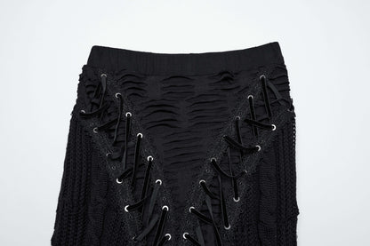 Punk Rave Anastasia Gothic Fishtail Skirt showcasing exquisite lace-up details and raw finish in a post-apocalyptic aesthetic, designed for gothic fashion enthusiasts.