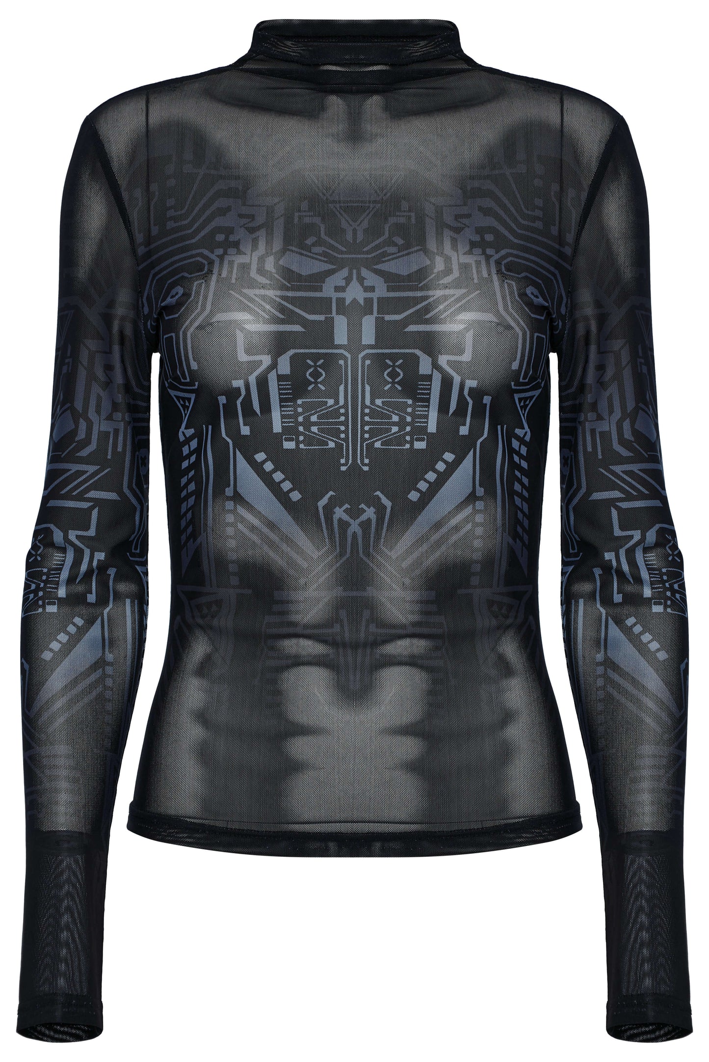 Close-up of the intricate mechanical skull print on the Punk Rave Eluana Cybergoth Long Sleeve Top, showcasing its unique gradient technology and bold style.