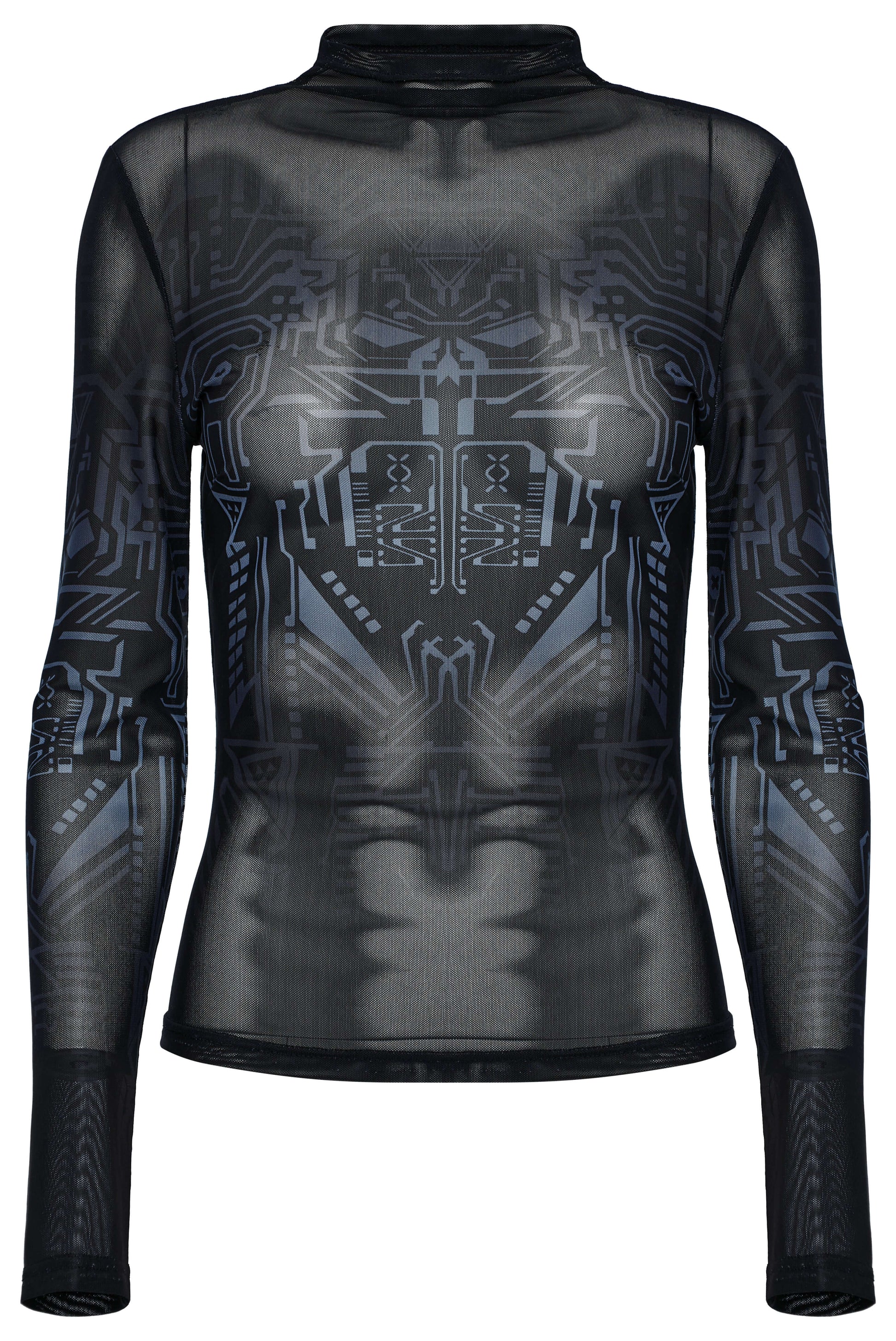 Close-up of the intricate mechanical skull print on the Punk Rave Eluana Cybergoth Long Sleeve Top, showcasing its unique gradient technology and bold style.