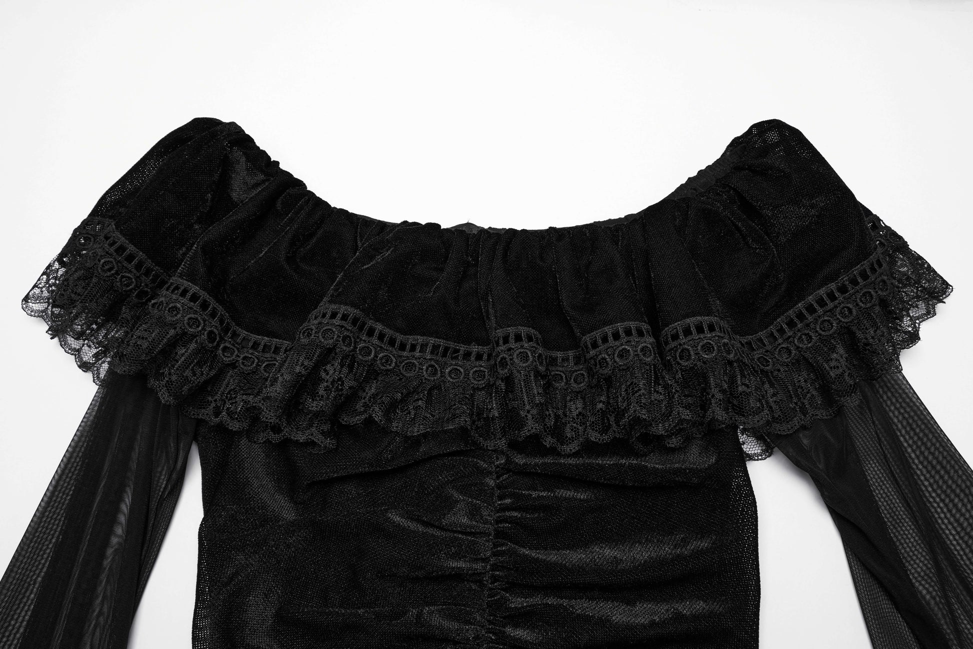 Elegant goth mesh dress by Punk Rave with ruffled edges, featuring a unique fishtail hem for a luxurious silhouette.